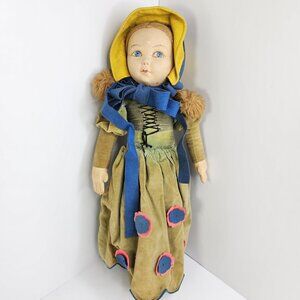 Vintage 17” Norah Wellings Cloth Doll England Bonnet Velvet Dress 1930s-1940s